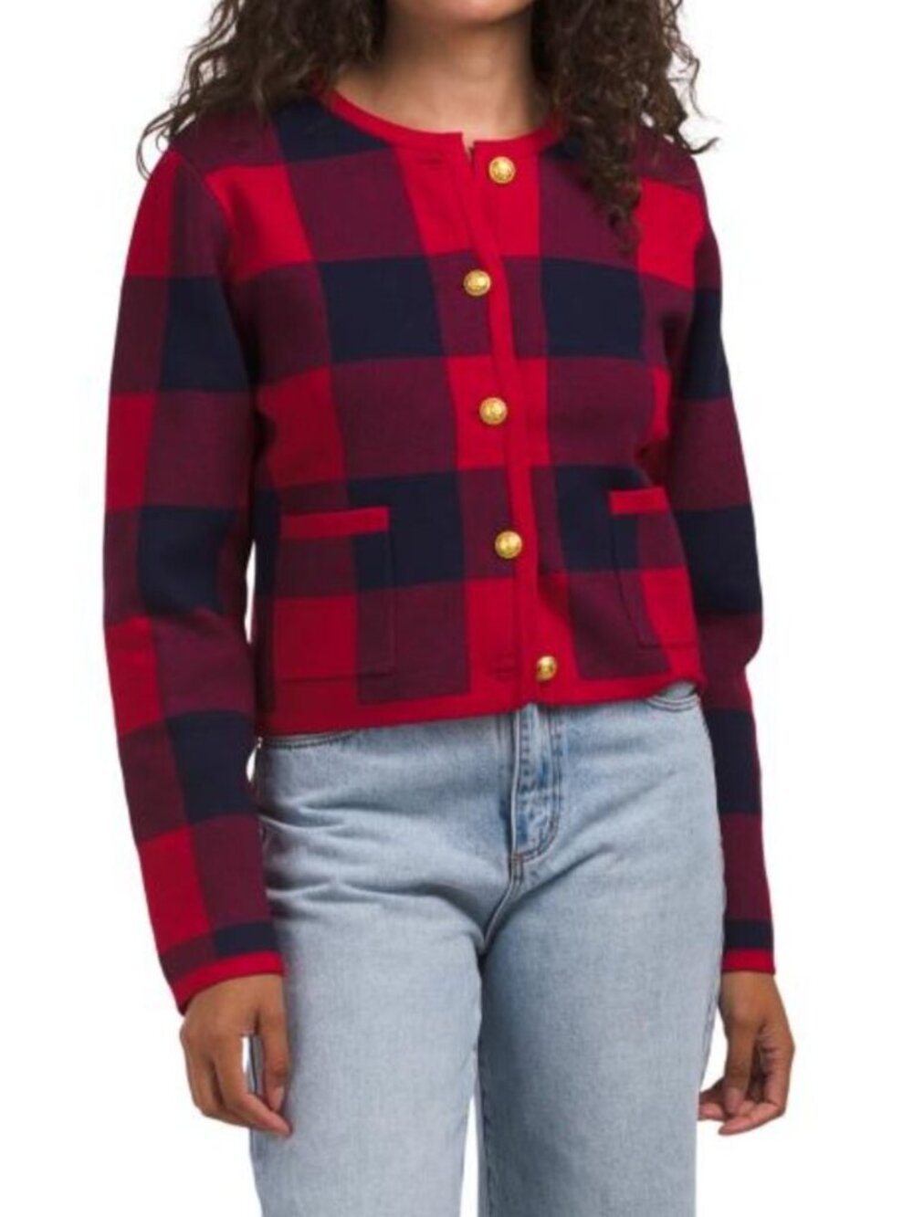 ENGLISH FACTORY Plaid Gold Tone Button Up Cardigan